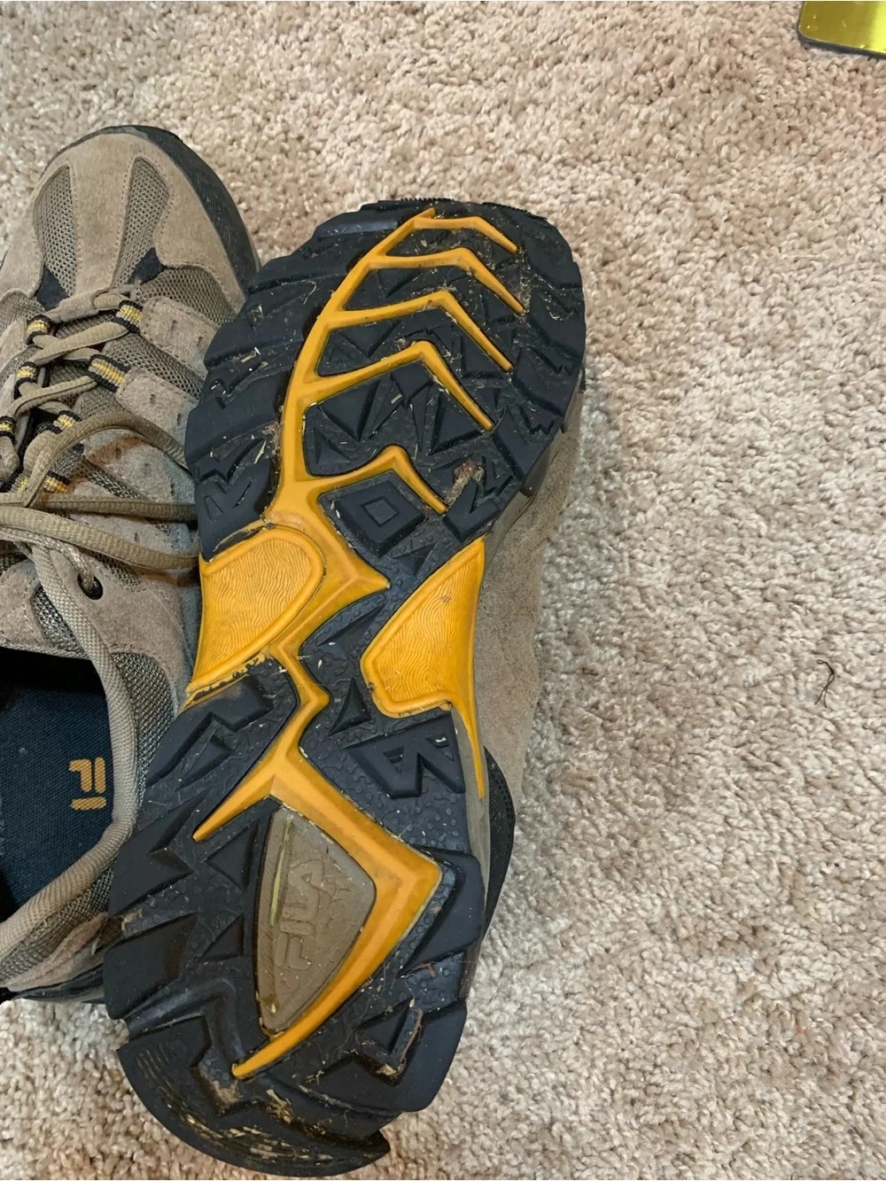 FILA Men's Tan and Black Athletic Trail Sneakers with Yellow Accents